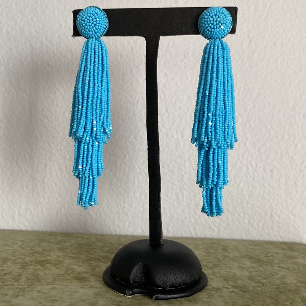 Designer Turquoise color beaded long tassel Earrings